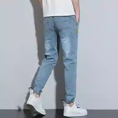 羽浅 潮牌个性拼接浅色百搭束脚裤时尚小标识松紧腰系带裤子潮流修身显瘦牛仔裤 男款