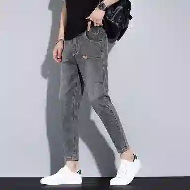 羽浅 潮牌复古褶皱设计弹力百搭小个子九分裤时尚小皮标棉弹舒适耐磨裤子潮流修身小脚牛仔裤 男款