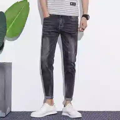羽浅 黑灰色九分长裤显高舒适弹力修身小脚休闲潮流耐穿耐磨牛仔裤 男款