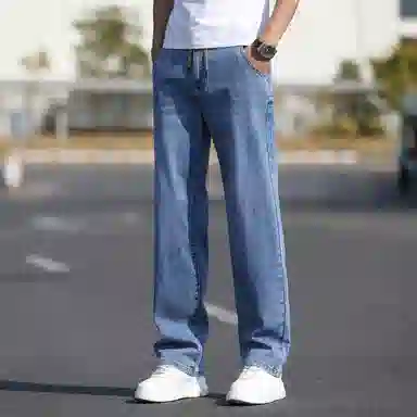 羽浅 夏季松紧腰头男薄款抽绳拉链休闲百搭弹力合体直筒商务牛仔裤 男女同款
