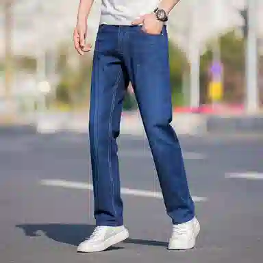羽浅 轻薄透气舒适百搭长裤时尚商务休闲棉弹裤子潮流后袋刺绣宽松直筒牛仔裤 男款