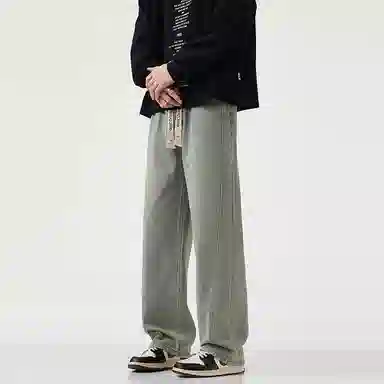 羽浅 秋冬季潮流复古休闲百搭阔腿长裤时尚拼接耐磨宽松直筒牛仔裤 男款