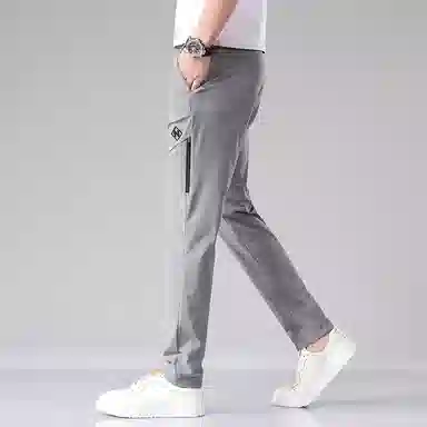 羽浅 薄款冰丝透气松紧腰长裤时尚潮流绣标弹力修身小直筒百搭休闲裤 男款