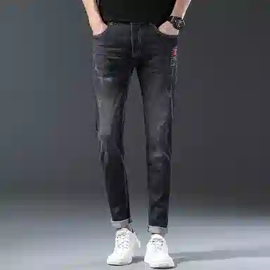 羽浅 潮流刺绣个性百搭弹力长裤韩版时尚标识修身小脚牛仔裤 男款