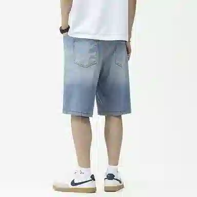 羽浅 时尚轻薄舒适渐变百搭五分裤潮流莱赛尔天丝中裤潮牌松紧腰系带宽松直筒牛仔短裤 男款