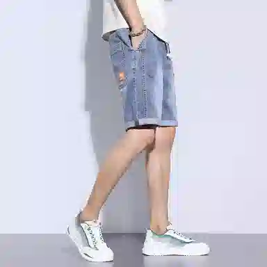 羽浅 纯色薄款宽松弹力柔软系带五分牛仔短裤 男款