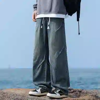 羽浅 美式直筒宽松柔软百搭抽绳牛仔裤 男女同款
