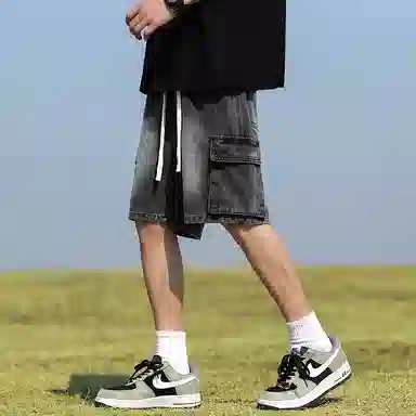 羽浅 美式百搭五分裤薄款宽松直筒松紧腰舒适透气多口袋工装牛仔短裤 男款