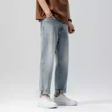 羽浅 秋冬季潮牌棉弹舒适百搭九分裤时尚后袋小标识弹力耐磨裤子潮流宽松小直筒牛仔裤 男款