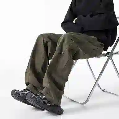 羽浅 潮流褶皱时尚百搭纯棉工装长裤美式宽松直筒休闲裤 男款