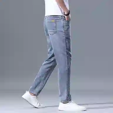 羽浅 潮牌轻薄透气棉弹舒适百搭长裤潮流小标识水洗做旧休闲裤子时尚合体显瘦直筒牛仔裤 男款