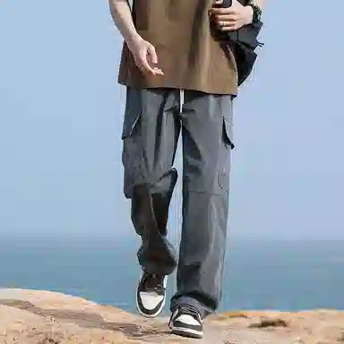 羽浅 韩版春夏抽绳松紧腰休闲拼接百搭宽松直筒工装裤 男女同款