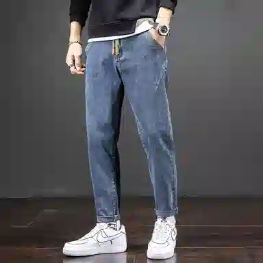 羽浅 港风微哈伦舒适透气时尚潮流简约百搭青少年学生弹力九分牛仔裤 男款
