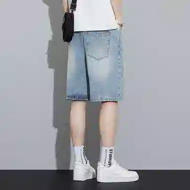 羽浅 夏季浅色百搭五分裤时尚提花工艺松紧腰系带中裤潮牌直筒宽松牛仔短裤 男款