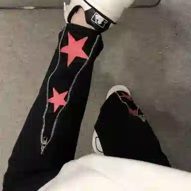 羽浅 美式高街宽松黄泥色印花直筒裤子牛仔裤 男女同款