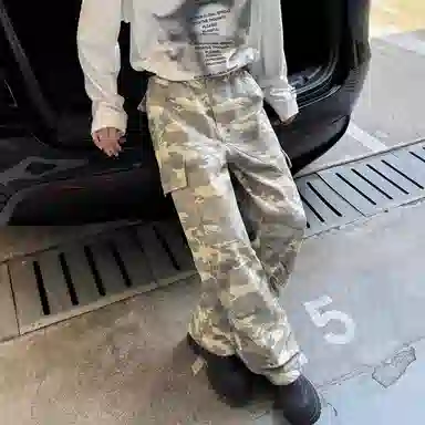 羽浅 美式街头休闲裤嘻哈直筒阔腿裤垂感高街长裤潮牌工装裤 男女同款 迷彩