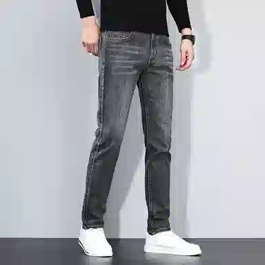 羽浅 秋冬厚款潮牌弹力百搭长裤时尚后袋绣标休闲裤子潮流修身直筒牛仔裤 男款