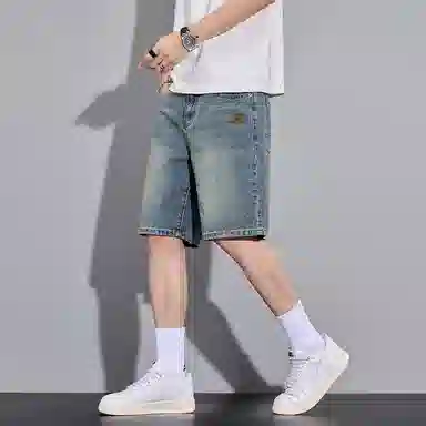 羽浅 水洗做旧直筒美式痞帅外穿中裤潮牌宽松休闲五分牛仔短裤 男女同款 怀旧蓝