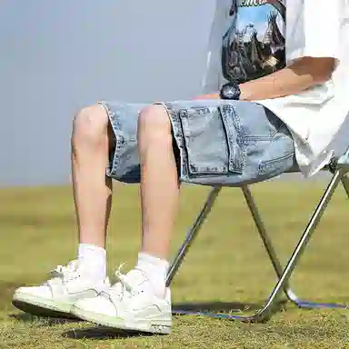 羽浅 美式百搭五分裤薄款宽松直筒松紧腰舒适透气多口袋工装牛仔短裤 男款