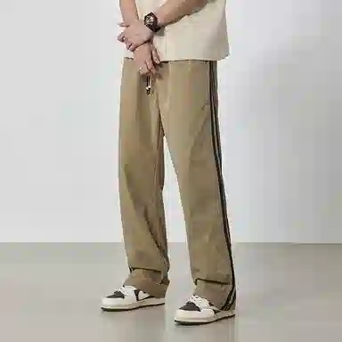 羽浅 松紧宽松中腰薄款直筒三条杠设计条纹休闲裤 男女同款