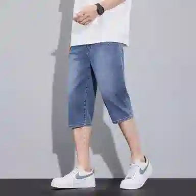 羽浅 薄款七分弹力中裤直筒简约百搭舒适帅气休闲运动牛仔短裤 男款