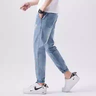 羽浅 潮牌薄款宽松束脚休闲简约风格牛仔裤 男款