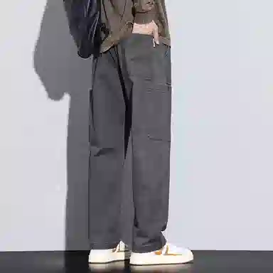 羽浅 纯棉休闲大口袋拼接简约纯色百搭透气美式宽松直筒痞帅工装裤 男款