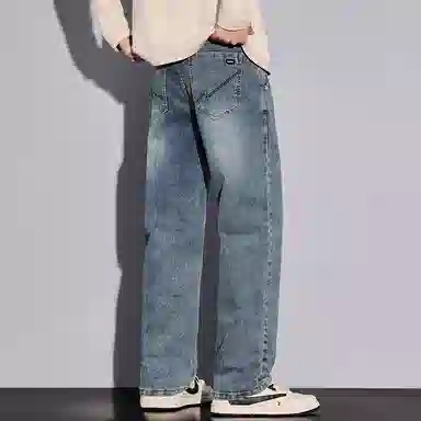 羽浅 秋冬季潮牌复古休闲阔腿显瘦长裤潮流刺绣时尚怀旧耐磨百搭宽松直筒牛仔裤 男款