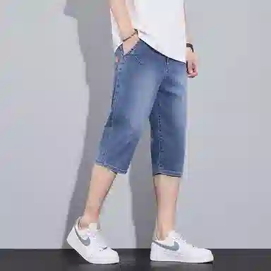 羽浅 薄款七分弹力中裤直筒简约百搭舒适帅气休闲运动牛仔短裤 男款