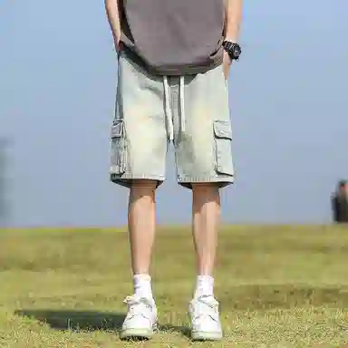 羽浅 美式百搭五分裤薄款宽松直筒松紧腰舒适透气多口袋工装牛仔短裤 男款
