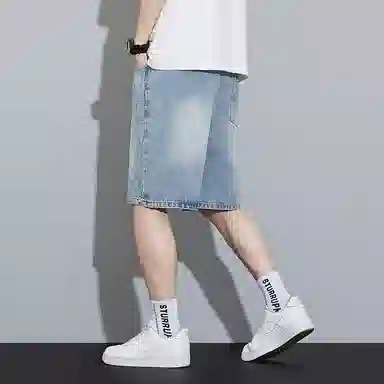 羽浅 夏季浅色百搭五分裤时尚提花工艺松紧腰系带中裤潮牌直筒宽松牛仔短裤 男款