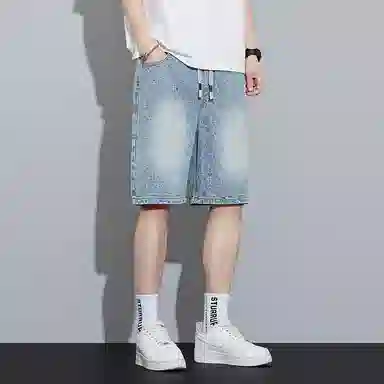 羽浅 夏季浅色百搭五分裤时尚提花工艺松紧腰系带中裤潮牌直筒宽松牛仔短裤 男款