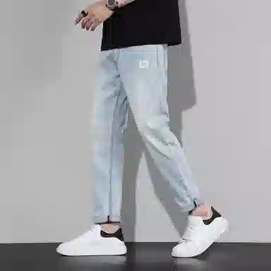 羽浅 潮牌复古棉弹舒适百搭小个子九分裤秋冬季时尚小标识弹力耐磨裤子潮流修身小脚牛仔裤 男款