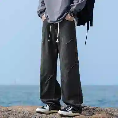 羽浅 美式直筒宽松柔软百搭抽绳牛仔裤 男女同款