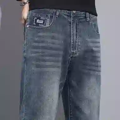 羽浅 秋冬季潮牌复古休闲棉弹舒适长裤潮流绣标时尚怀旧耐磨百搭宽松直筒牛仔裤 男款