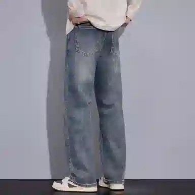 羽浅 秋冬季潮牌复古休闲宽松显瘦阔腿裤时尚潮流刺绣百搭怀旧耐磨直筒牛仔裤 男款