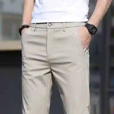 羽浅 夏季适中冰丝透气松紧腰长裤时尚潮流绣标弹力修身百搭休闲裤 男款