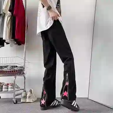 羽浅 美式高街宽松黄泥色印花直筒裤子牛仔裤 男女同款