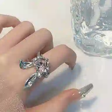 【buling⭐可爱甜酷】 攸委 粉色俏皮兔子镶钻戒指环韩系甜美少女心小众设计 合金 学生成人高级感时尚百搭开口食指戒 女款