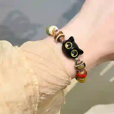 【Lucky幸运大眼猫咪】 攸委 可爱高级感彩色编织绳小猫可调节 复古新中式小众设计感 百搭学生一对简约饰品 柴木 手串 男女同款情侣款