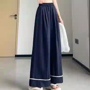水中花 法式百搭时尚高腰显瘦阔腿垂感蕾丝拼接宽松休闲裤 女款