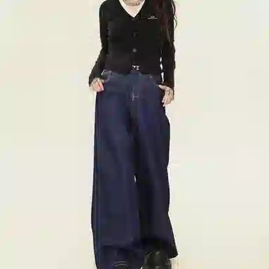 水中花 美式宽松直筒街头休闲百搭时尚牛仔裤 女款 蓝色