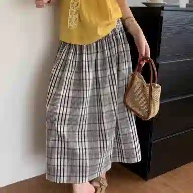 水中花 复古宽松设计感格子高腰显瘦松紧腰小众高级百搭休闲长裙 女款