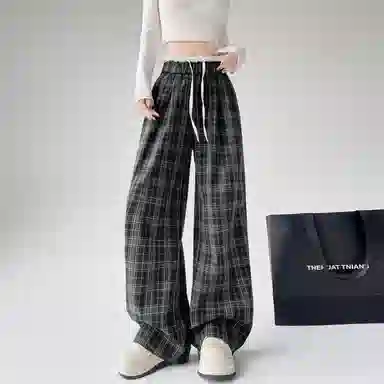 水中花 格子宽松适中高腰阔腿休闲裤 女款
