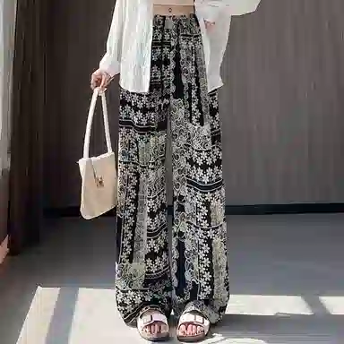 水中花 复古时尚潮流舒适高腰显瘦垂感阔腿印花百搭休闲裤 女款