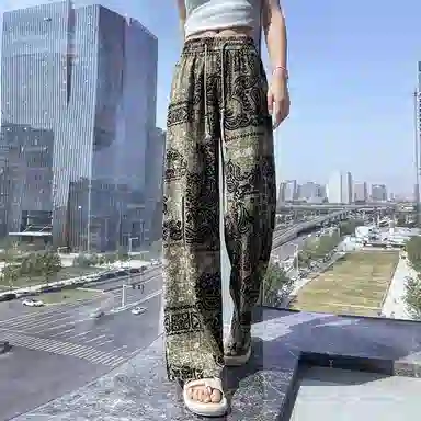 水中花 复古印花阔腿显瘦亚麻透气直筒长裤免烫处理百搭高级感休闲裤 女款