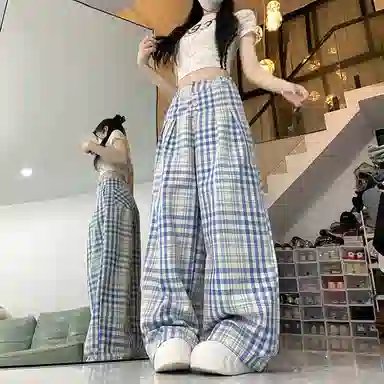 水中花 格子宽松高腰适中阔腿休闲裤 女款