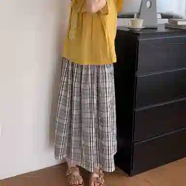 水中花 复古宽松设计感格子高腰显瘦松紧腰小众高级百搭休闲长裙 女款