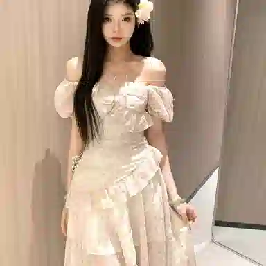 水中花 公主袖花色修身短袖连衣裙 女款