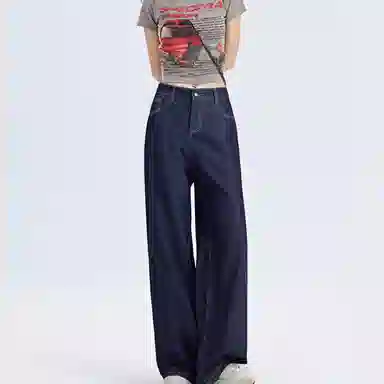 水中花 美式宽松直筒街头休闲百搭时尚牛仔裤 女款 蓝色